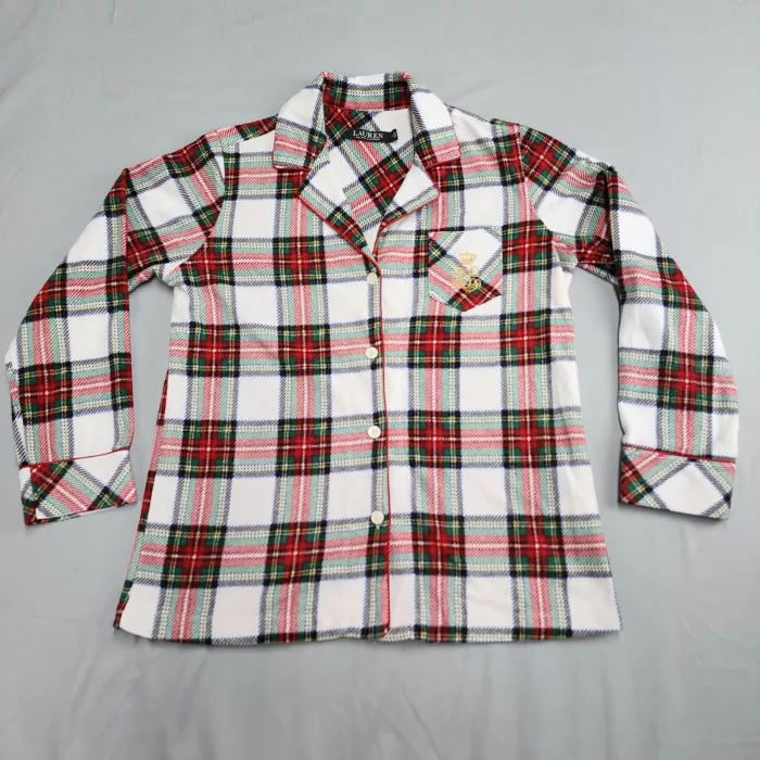 Lauren Ralph Lauren Pajama Top Womens M Plaid Fleece Button Front Long Sleeve - Front