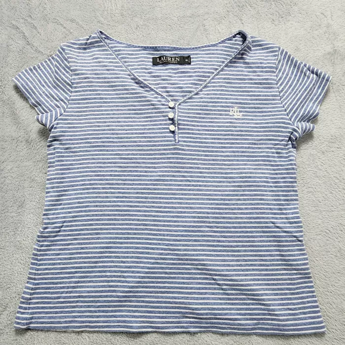 Lauren Ralph Lauren Top XS Blue White Striped Henley Short Sleeve Stretch Logo - Front