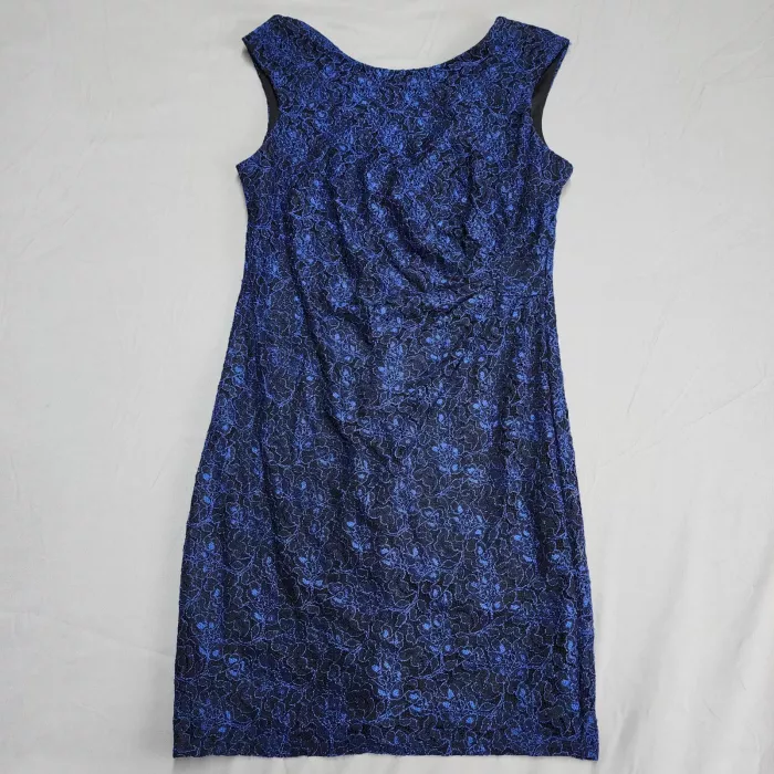 Leslie Fay Size 16 Blue Black Floral Lace Overlay Sleeveless Lined Sheath Dress - Front