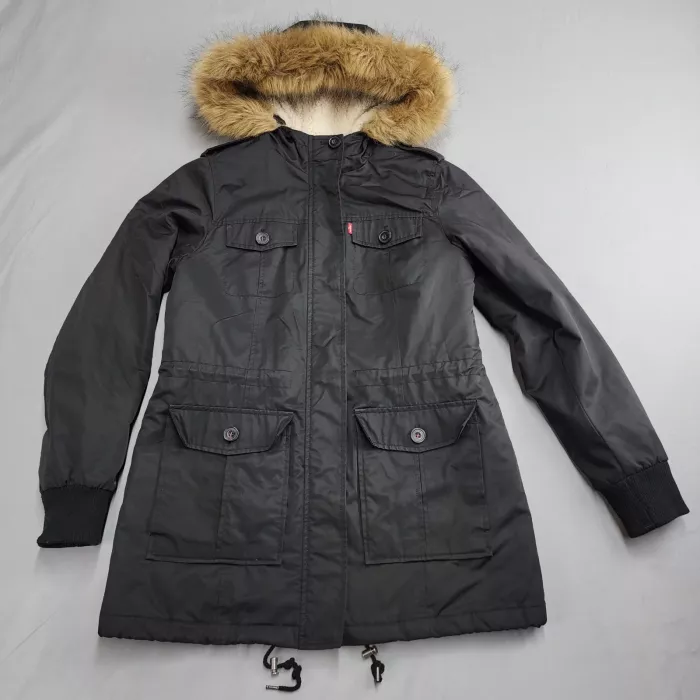 Levi's Women's Size M Black Faux Fur Hood Sherpa Lined Parka Winter Jacket - Front