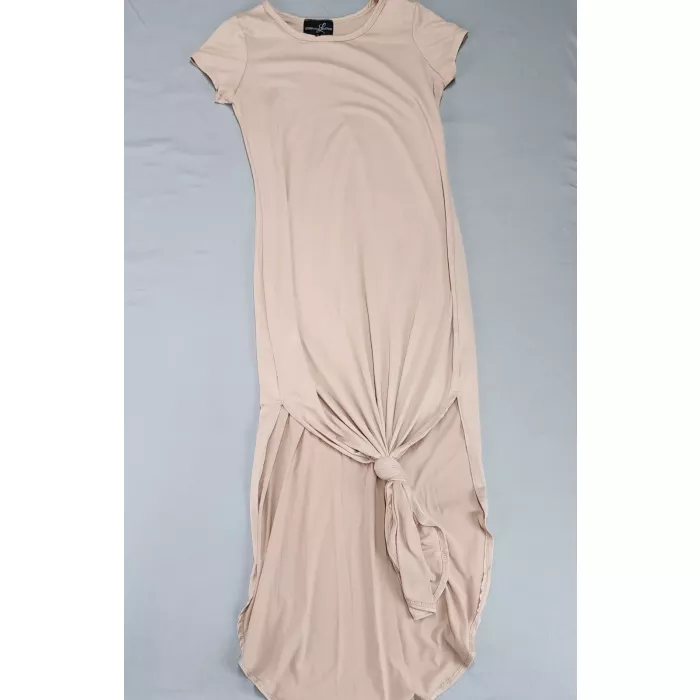 LEXINGTON AVENUE Maxi Dress Women's M Beige Short Sleeve Knotted Hem Pull-on - Front