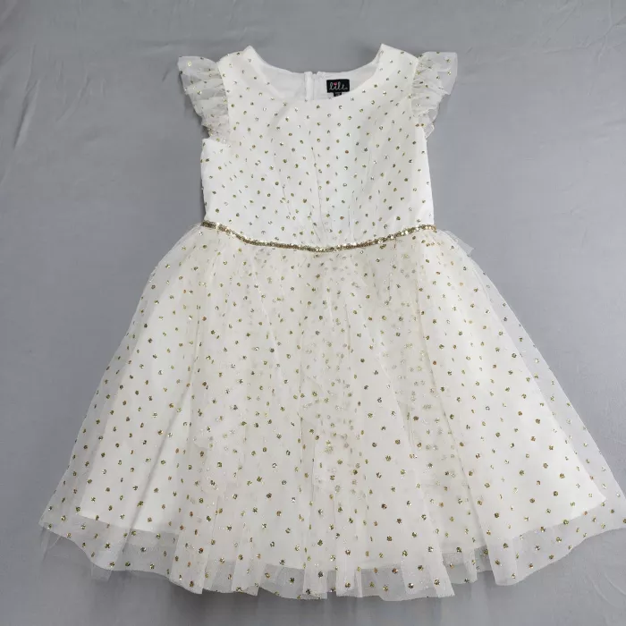 lilt Girls 14 Fit & Flare Dress White Gold Glitter Polka Dot Cap Sleeve Party - Front