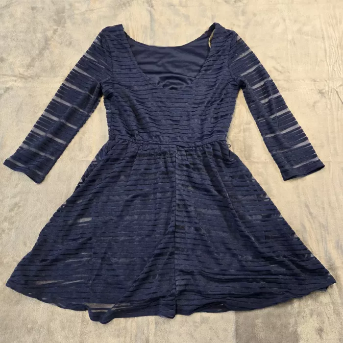 Lily Rose Dress Womens Medium Navy Blue Shadow Stripe Mesh Fit & Flare NWT - Front