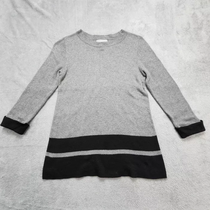 Liz Claiborne Studio Sweater Women's S Gray Colorblock Tunic Knit Crew Neck Top - Front