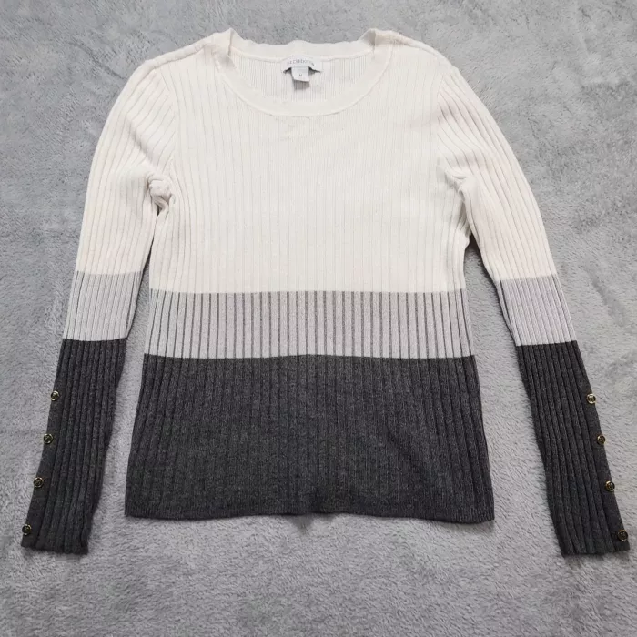 Liz Claiborne Sweater Women's M Ribbed Knit Colorblock Button Cuffs Stretch Crew - Front