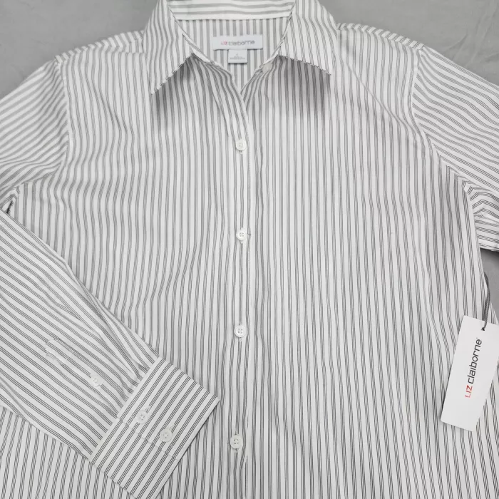 Liz Claiborne Womens L Button Down Shirt White Black Striped Wrinkle Free - Main