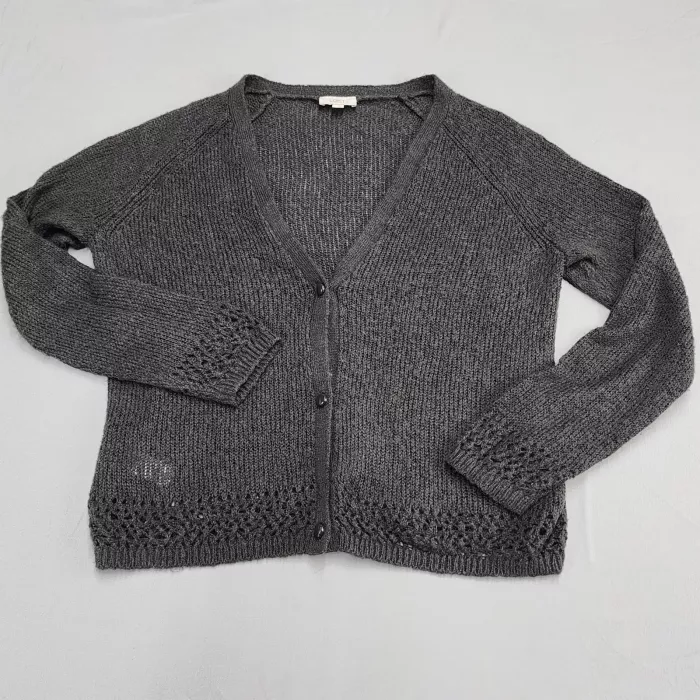 LOFT Outlet Cardigan Sweater Women XL Gray V Neck Button Front Pointelle Knit - Main