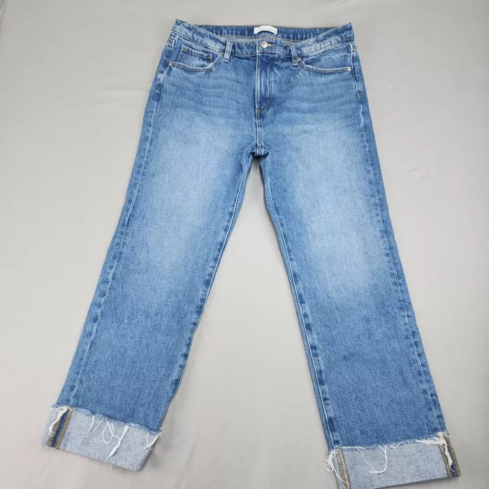 LOFT Women's Jeans Size 8P Petite High Rise Straight Blue Frayed Cuff Cotton - Front
