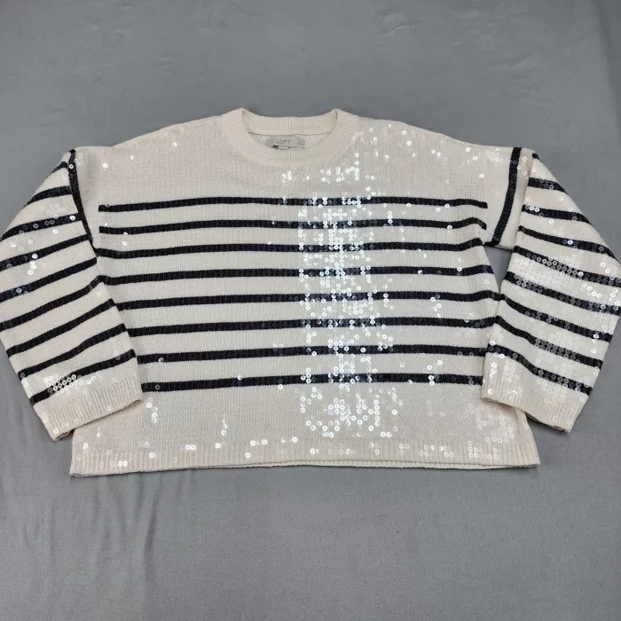 LOFT Women's Medium Petite Sweater Ivory Black Striped Sequin Cotton Pullover - Front