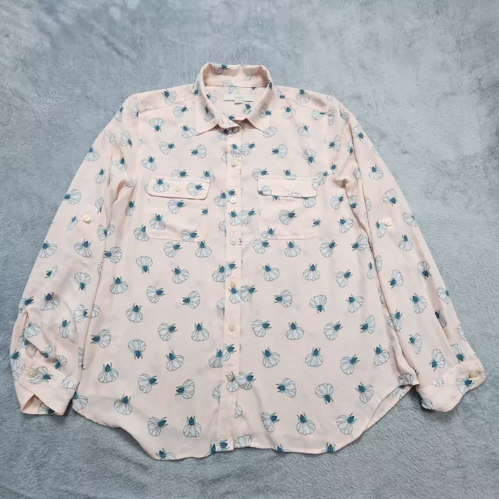 LOFT Women's Pink Floral Button Down Shirt Blouse Roll Tab Sleeve Pockets - Front