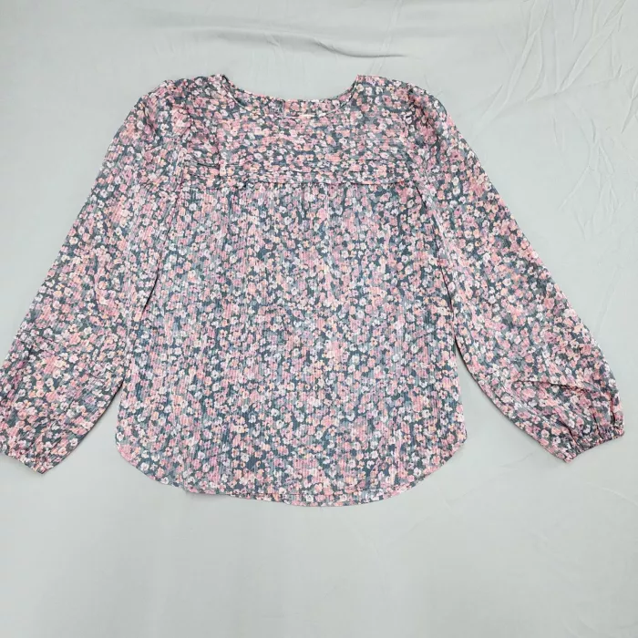 LOFT Womens Size S Floral Peasant Blouse Metallic Pleated Long Sleeve Lined - Front