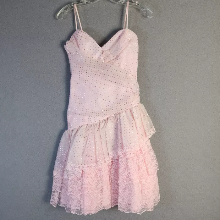 LORSAF ORIGINAL Fit Flare Dress XS Pink Gold Polka Dot Sweetheart Tiered - Front