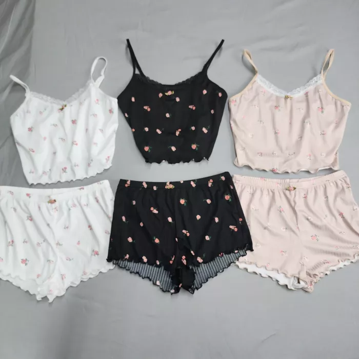 Lot of 3 Women's Cami Shorts Pajama Set Size M Ribbed Lace Trim Floral Knit - Front
