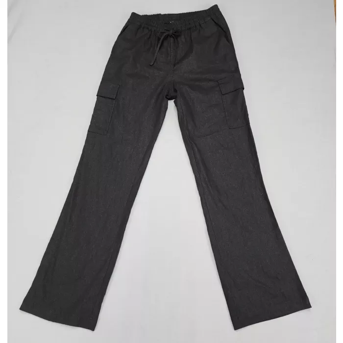 Love Tree Womens S Black Linen Blend Cargo Pants Mid Rise Elastic Waist - Front