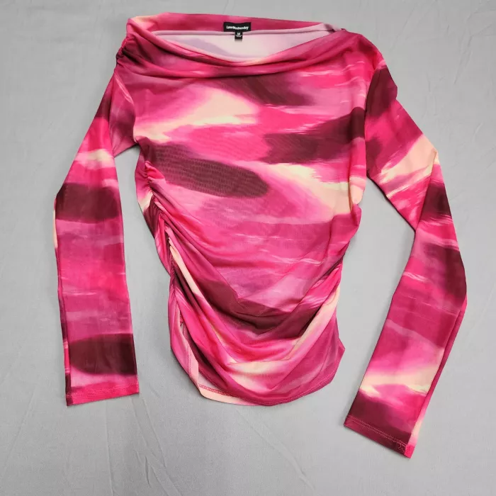 LoveWednesday Womens M Pink Abstract Mesh Ruched Cowl Neck Long Sleeve Blouse - Front