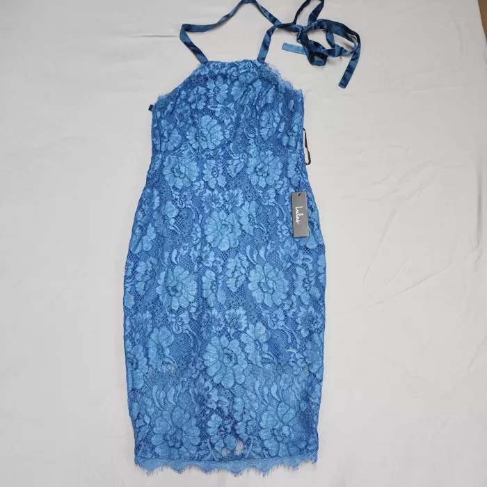 Lulus Womens XS Blue Floral Lace Halter Sheath Dress Sleeveless Lined - Front