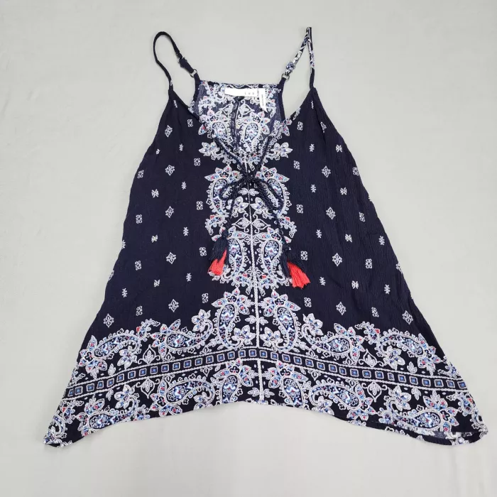 LUQ Womens M Navy Blue Paisley Camisole Top V-Neck Handkerchief Hem Tassels - Front