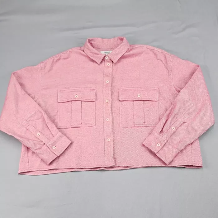 Madewell Womens L Pink Striped Cropped Button Up Shirt Cotton Twill Overshirt - Front
