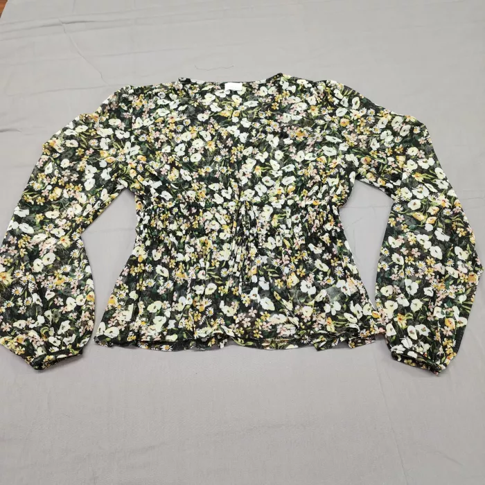 Madison Berkeley Womens S Black Floral Sheer Mesh Smocked V Neck Peplum Blouse - Front