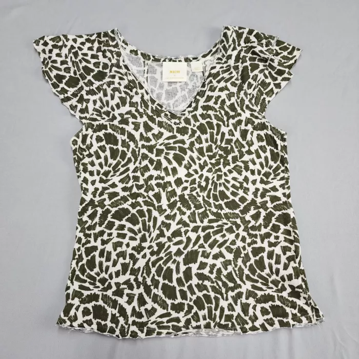 Maeve Anthropologie Womens S Green Animal Print Ruffle Sleeve V-Neck T-Shirt - Front