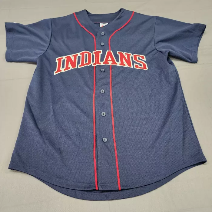 Majestic Cleveland Indians Baseball Jersey Mens Large Navy Blue Button Mesh - Front