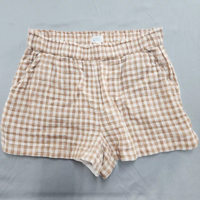 Market Spruce Womens L Beige White Gingham Shorts Cotton Pull On Elastic Waist - Front