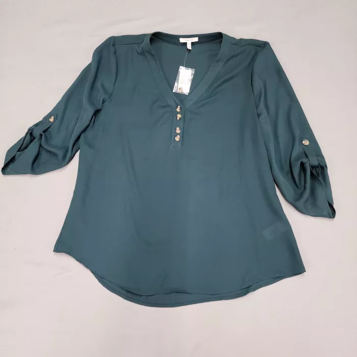 maurices Blouse Womens M Dark Green V-Neck Henley Roll Tab Sleeve Top NWT - Front