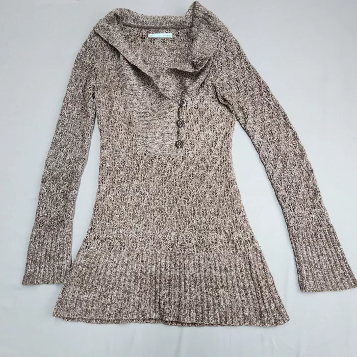 Maurices Womens Cowl Neck Tunic Sweater Brown Marled Knit Button Pullover M - Front