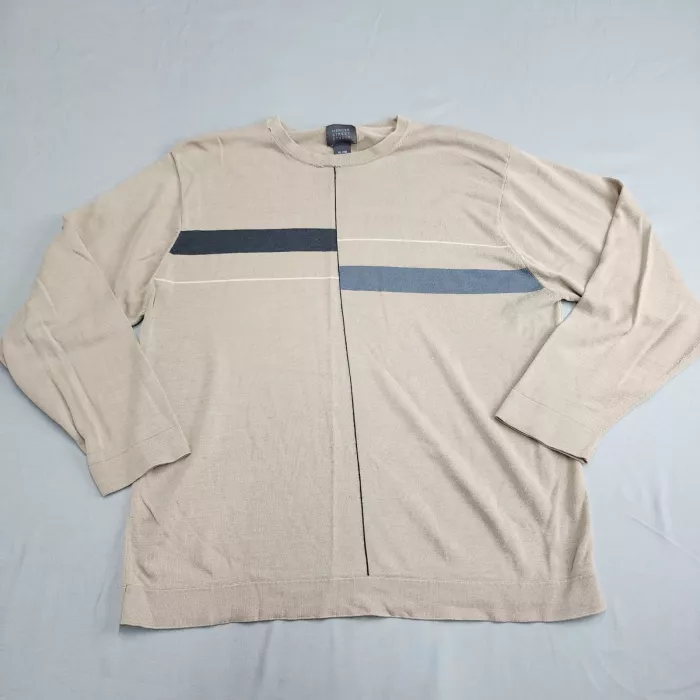 Mercer Street Studio Men's XL Beige Striped Silk Cotton Blend Crewneck Sweater - Front