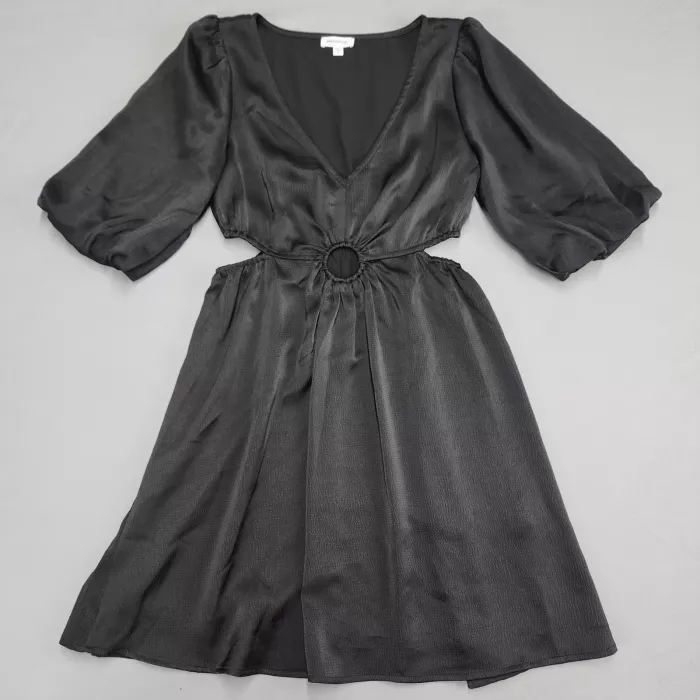 mittoshop Black Cutout O-Ring Fit Flare Mini Dress Women's Size S Puff Sleeve - Front