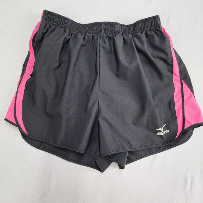 Mizuno Womens Athletic Running Shorts Size S Black Pink Mid Rise Zip Pocket - Front