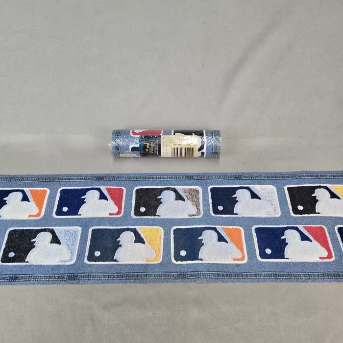 MLB Baseball Denim Blue Wallpaper Border Prepasted Vinyl New Sealed Village  - Main