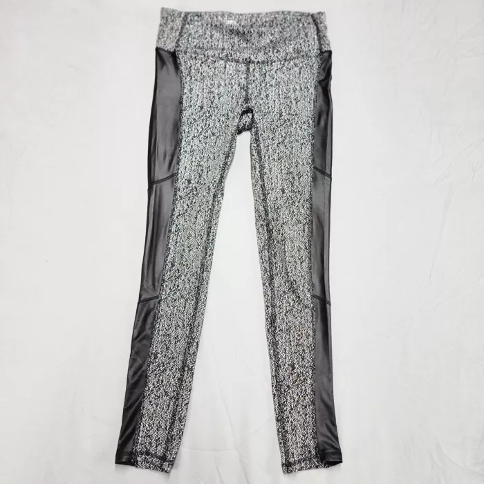 MPG Sport Womens S Black Heathered Athletic Leggings Faux Leather Panels - Front