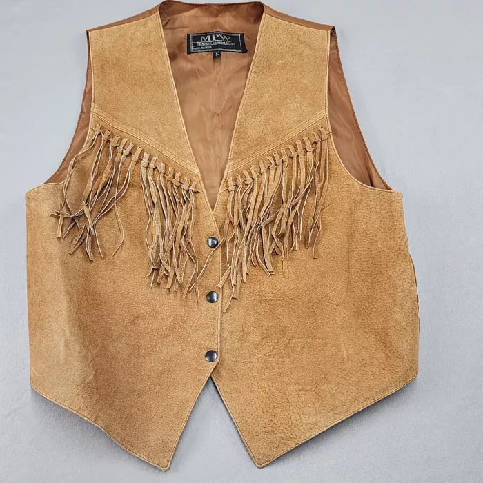 MPW Trading Corp Womens L Vest Brown Suede Leather Western Fringe Button Front - Front