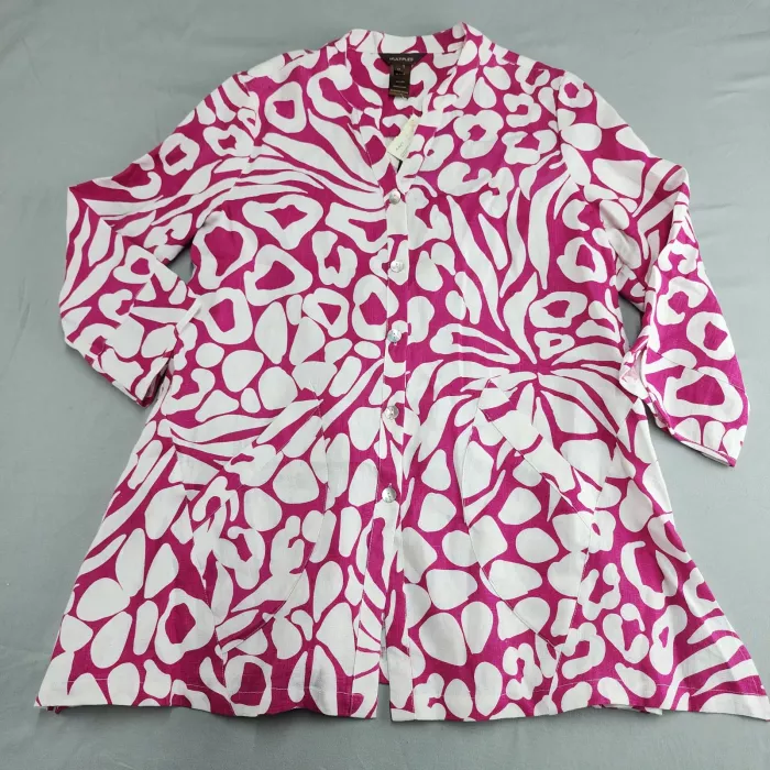 MULTIPLES Blouse Women's M White Magenta Abstract Animal Print 3/4 Sleeve Linen - Front