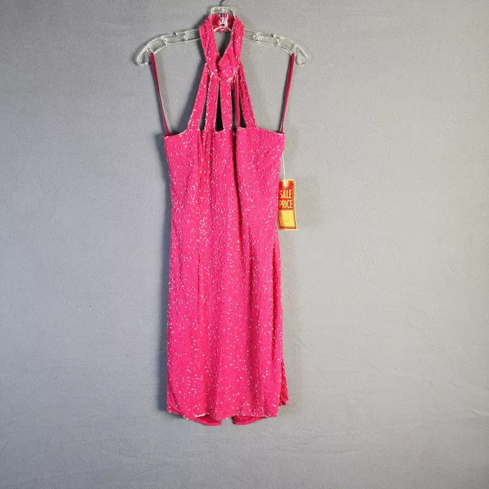 Nadine Womens Size Small Hot Pink Silk Hand Beaded Halter Sheath Midi Dress - Front