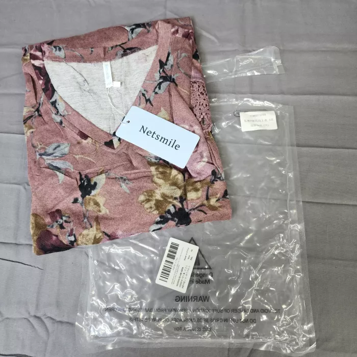 Netsmile Womens Plus Size 5XL Tunic Top Pink Floral V-Neck Lace Hem Long Sleeve - Main