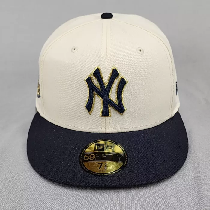 New Era 59Fifty New York Yankees Fitted Hat Size 7 3/8 Cream Navy Blue Cap - Main