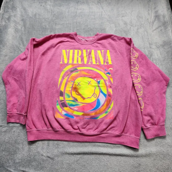 Nirvana Sweatshirt Women's 3XL Pink Crewneck Pullover Smiley Face Graphic Fleece - Front