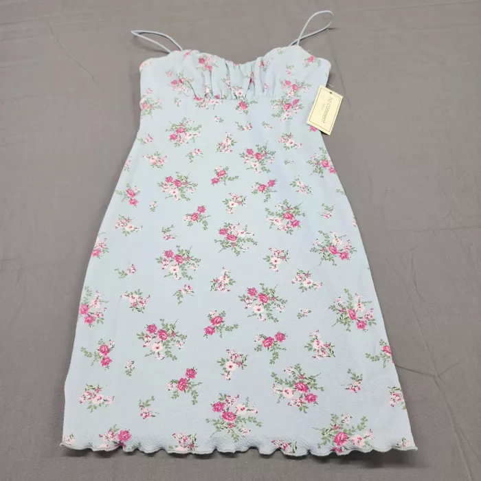 No Comment NWT Womens S Light Blue Floral Mini Cami Dress Ruched Lettuce Hem - Front
