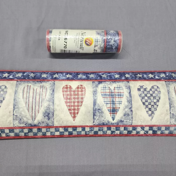 Norwall Country Hearts Red Blue Wallpaper Border Prepasted Vinyl New Sealed - Main