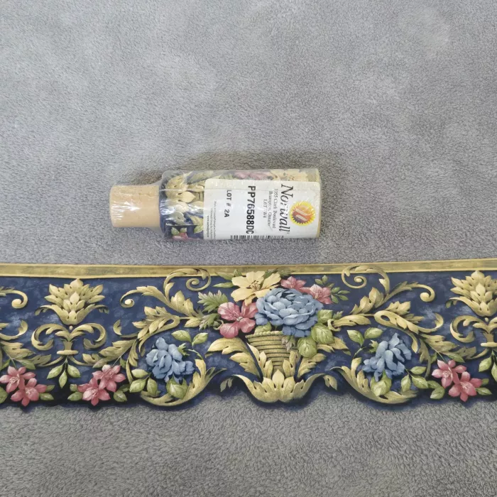 Norwall Floral Blue Gold Wallpaper Border Prepasted Vinyl Scalloped New Sealed - Main