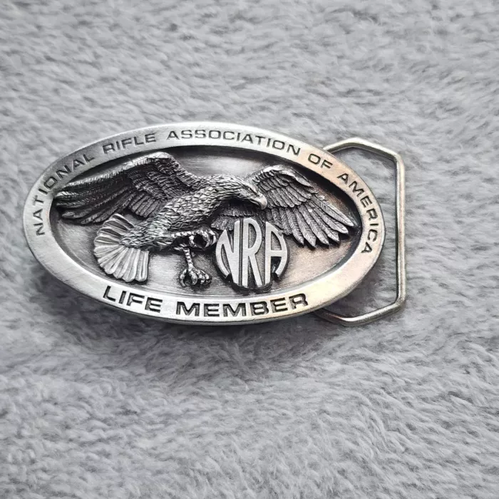 NRA Life Member Belt Buckle Eagle Silver Tone Made in USA Western Cowboy Oval - Front