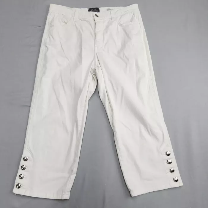 NYDJ Womens Size 12 White Cropped Jeans Stretch Denim Button Hem Mid Rise - Front