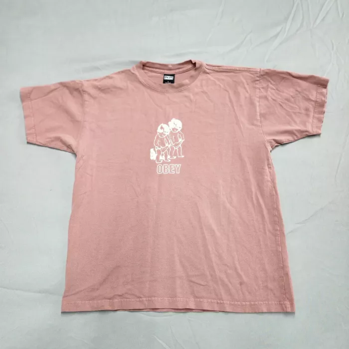Obey Graphic T-Shirt Mens Size S Pink Short Sleeve Cotton Crew Neck Tee - Front