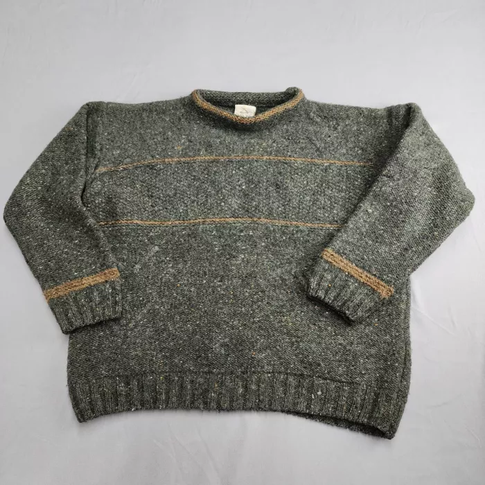 Oisin Ban Mens XL Green Striped Donegal Wool Rolled Crew Neck Sweater Ireland - Front