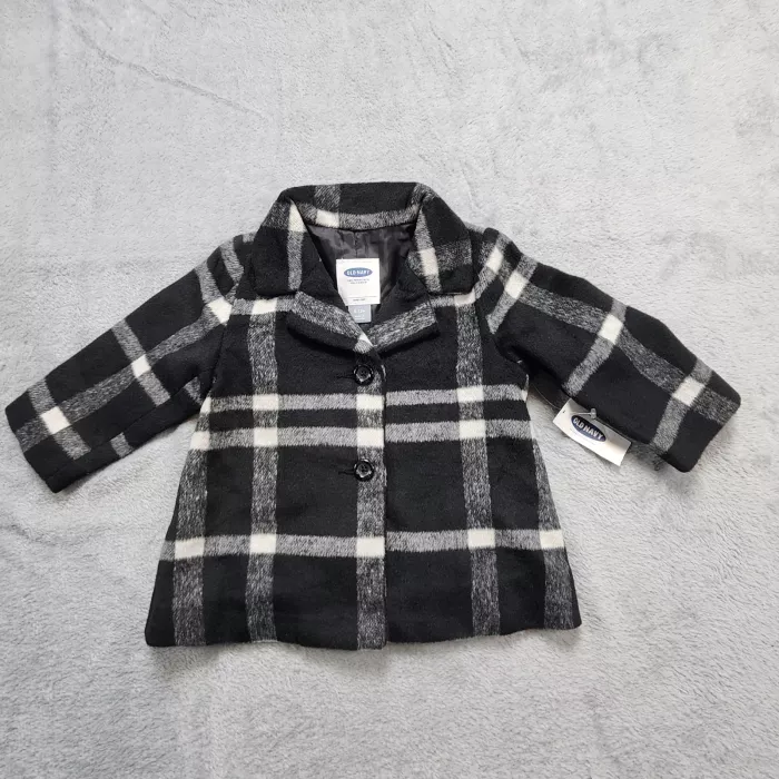 Old Navy Baby Boys 6-12M Black White Plaid Oversized Coat Lined Button Jacket - Front