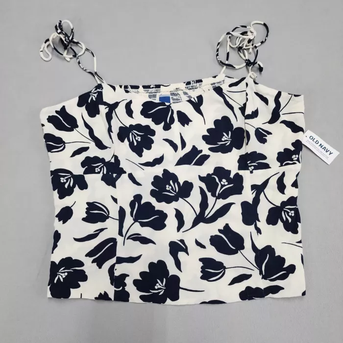Old Navy Bustier Cami Tank Top Womens L Navy Blue Floral Tie Strap Smocked - Front