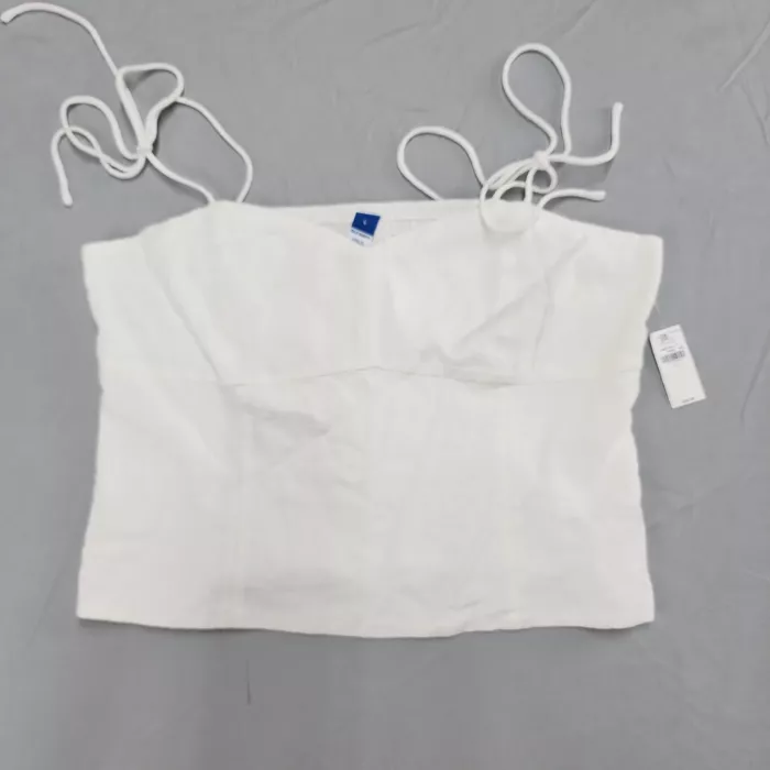 Old Navy Bustier Camisole Women's L White Linen Blend Tie Strap Smocked Back - Front