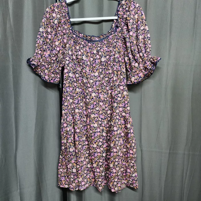 Old Navy Purple Floral Smocked Square Neck Puff Sleeve Mini Dress Womens M - Front
